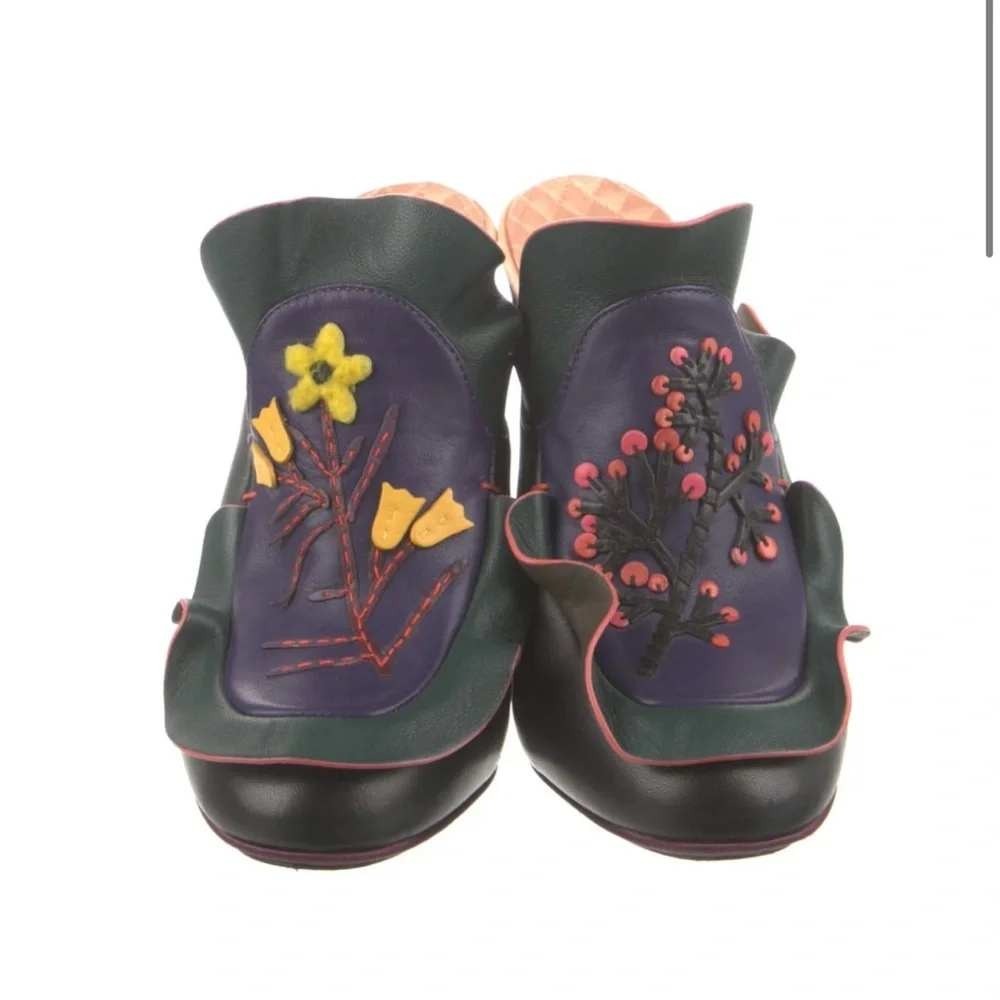 Fendi Floral Applique Ruffle Mules Dark Green Purple Leather Heels Size 36